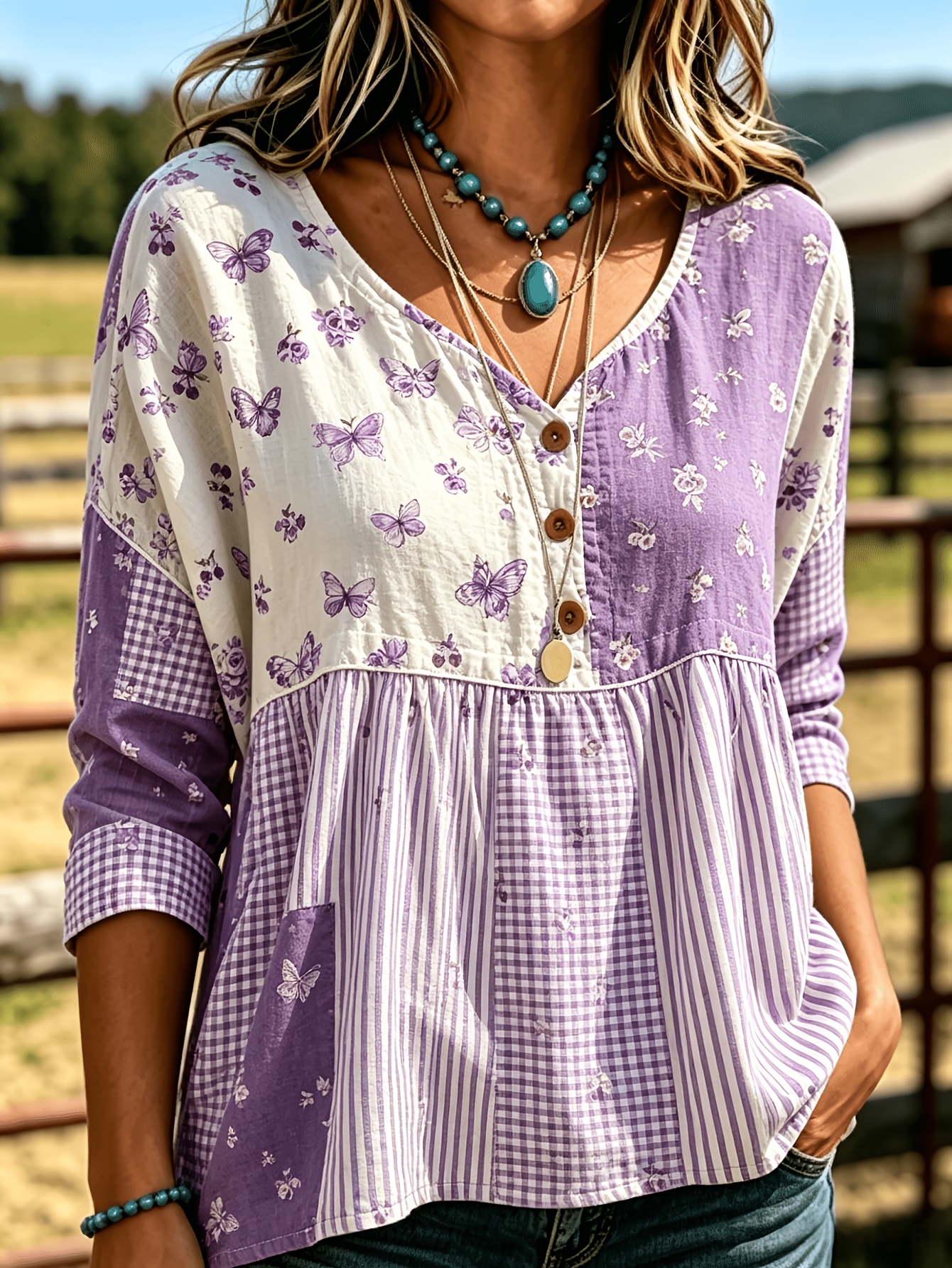 Woodworking Game - Purple Butterfly Floral Patch Blouse Women